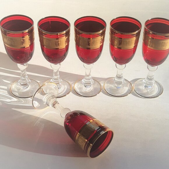 VTG Wine/Sherry Cordial Glasses Ruby Red Gilded with Clear Stem 1950s Set of 6 - Picture 6 of 12